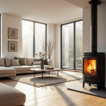 Salon moderne avec poêle à bois et grande fenetre lumineuse