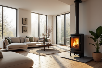 Salon moderne avec poêle à bois et grande fenetre lumineuse