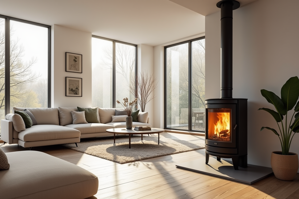 Salon moderne avec poêle à bois et grande fenetre lumineuse