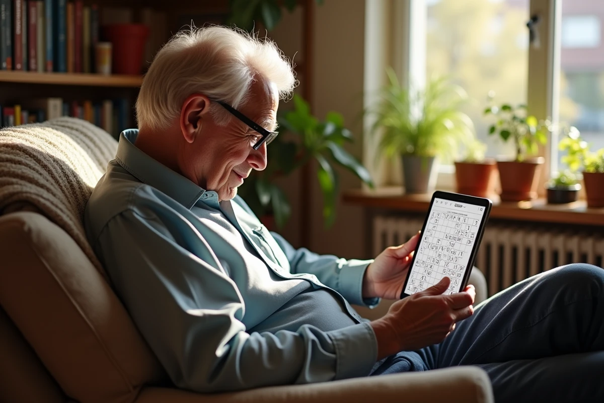 Homme âgé résolvant un puzzle 4 Images 1 Word sur sa tablette