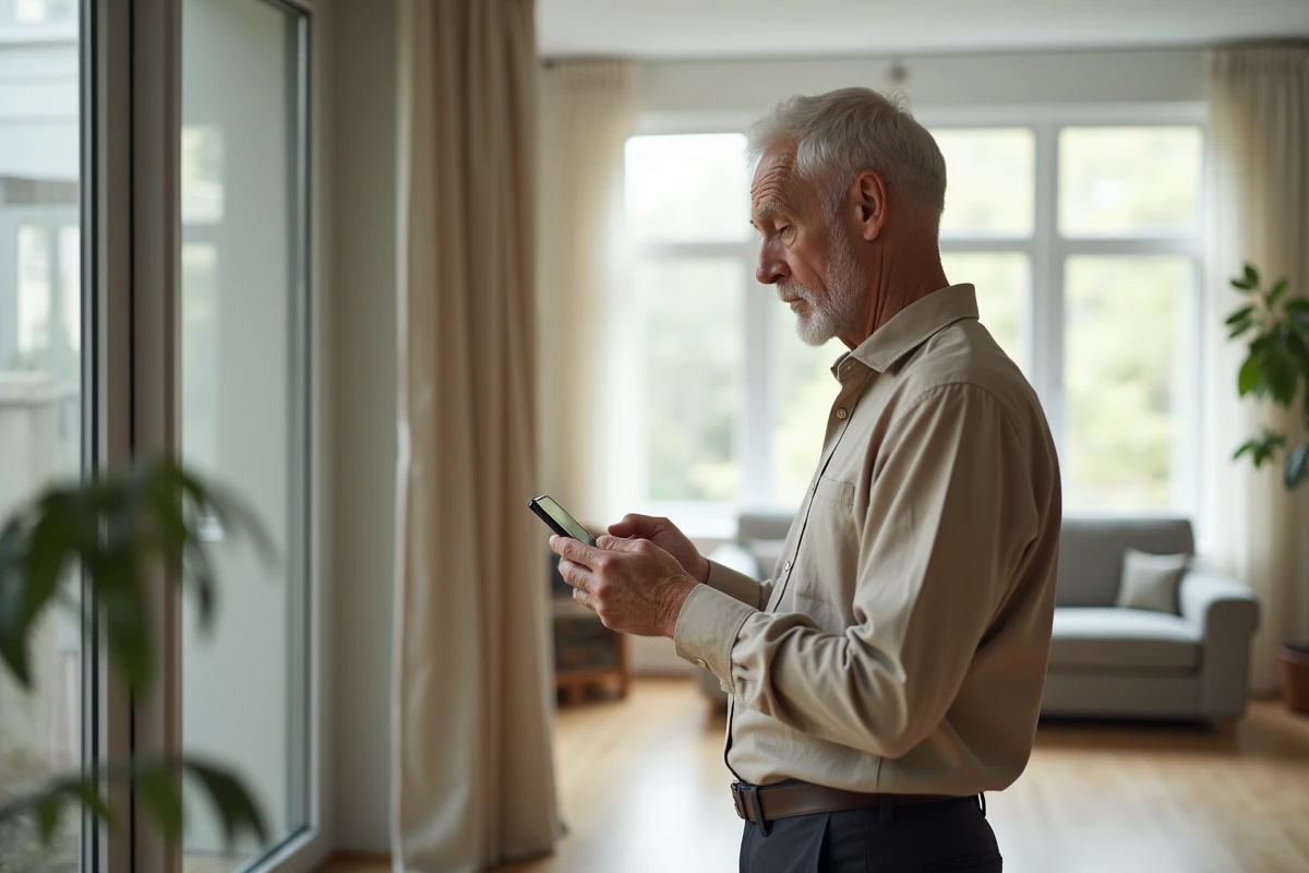 Homme senior consultant son smartphone pour retrouver un numéro sur liste rouge dans un appartement