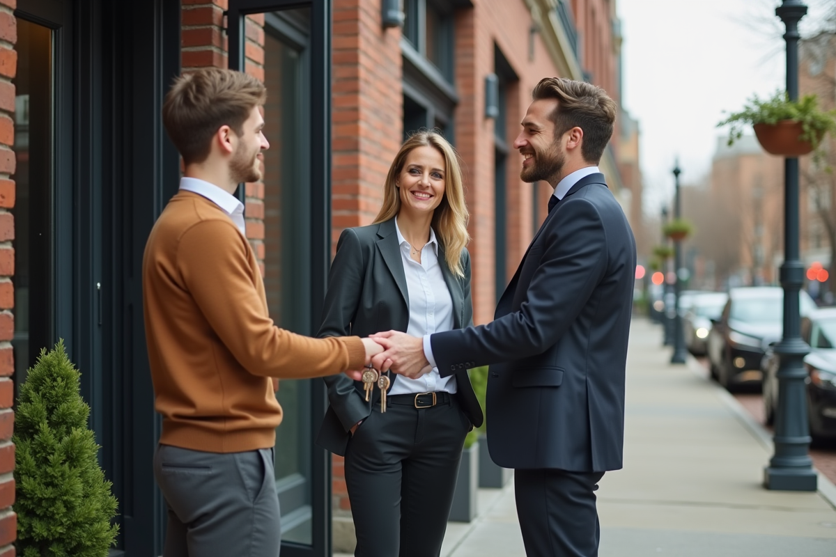 Femme professionnelle remettant des clés à un couple devant un immeuble rénové