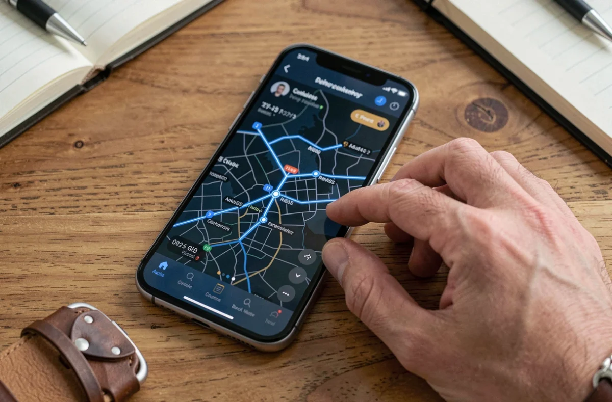 Gros plan d'un smartphone affichant une application GPS avec tracé de navigation sur un bureau en bois