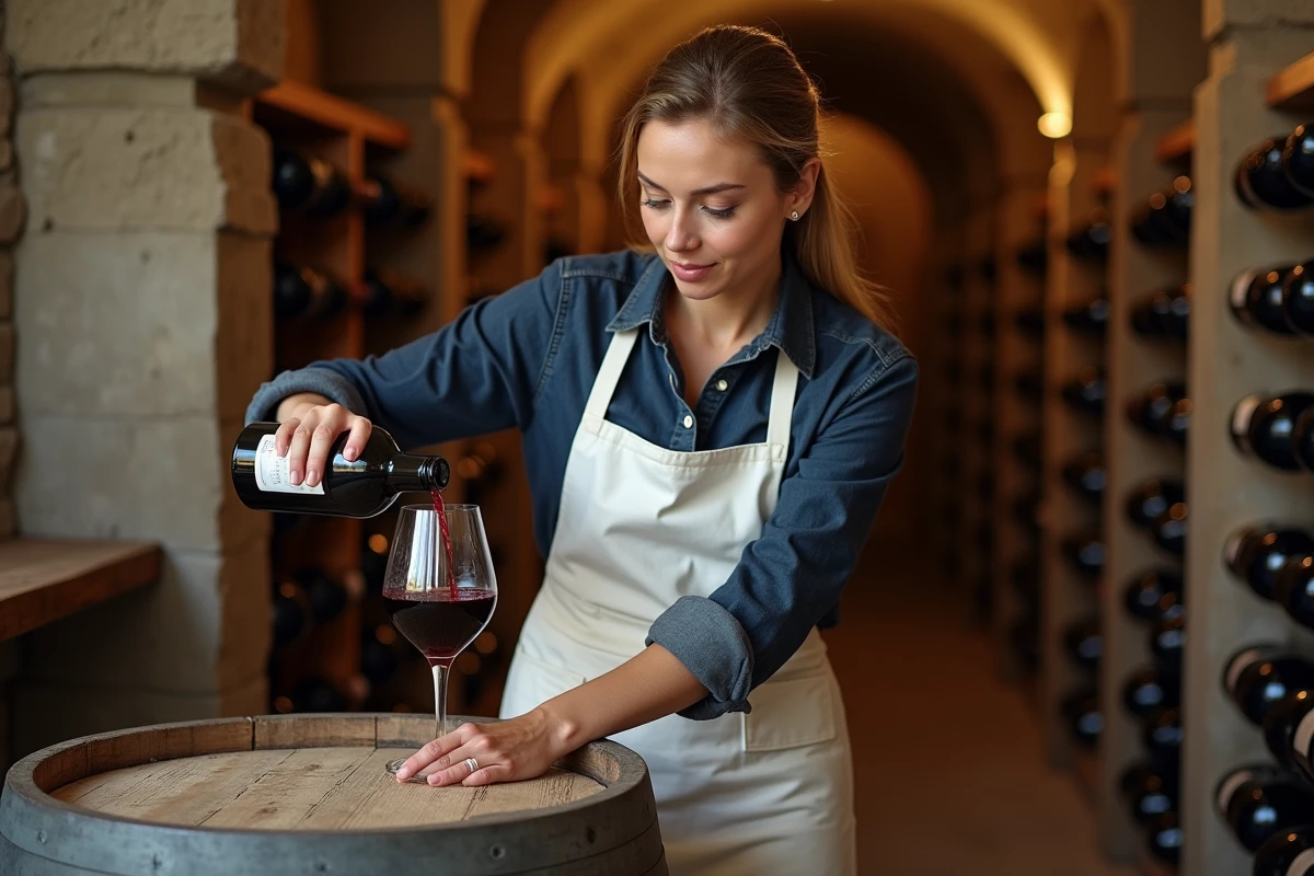 Sommelière versant du vin rouge dans une cave voûtée en pierre lors d'une dégustation œnotouristique