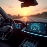 Tableau de bord moderne de voiture au lever du soleil avec affichage digital