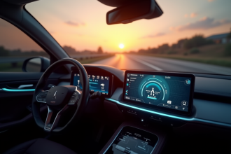 Tableau de bord moderne de voiture au lever du soleil avec affichage digital