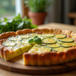 Tarte zucchini fraîche tranchée sur une table en bois