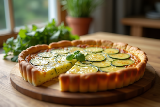 Tarte zucchini fraîche tranchée sur une table en bois