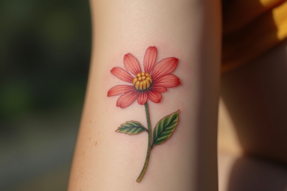 Détail d'un tatouage de fleur délicate sur l'avant bras