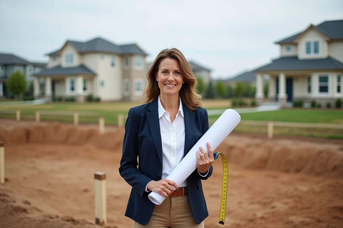 Femme professionnelle tenant un plan architectural sur un terrain constructible délimité par des piquets en zone résidentielle