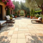 Terrasse extérieure en dallage de pierre d'Égypte style méditerranéen avec mobilier de jardin et bougainvillées