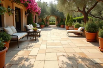 Terrasse extérieure en dallage de pierre d'Égypte style méditerranéen avec mobilier de jardin et bougainvillées