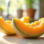 Tranche de cantaloupe frais sur plan de travail lumineux