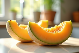 Tranche de cantaloupe frais sur plan de travail lumineux