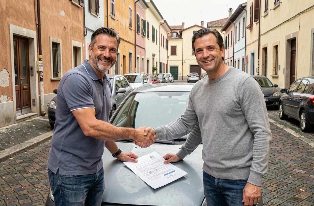 Deux hommes concluant la vente d'une voiture d'occasion dans une rue résidentielle italienne