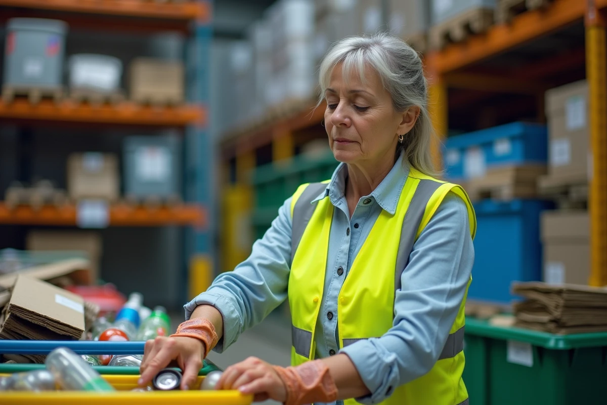 Femme agent de déchetterie triant des matériaux recyclables dans des conteneurs colorés