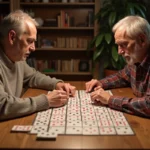 Deux adultes jouant à la crapette avec des variantes maison autour d'une table en bois couverte de cartes à jouer disposées en rangées