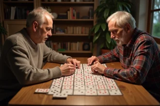 Deux adultes jouant à la crapette avec des variantes maison autour d'une table en bois couverte de cartes à jouer disposées en rangées