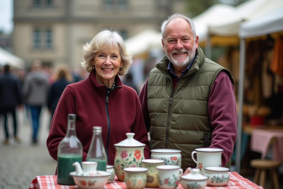 Portrait de vendeurs souriants derrière leur stand de brocante lors d'une braderie du Nord, objets vintage et émail ancien exposés sur la table avec place de marché en arrière-plan flou