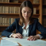 Femme consultant des archives officielles pour vérifier une date de naissance