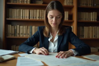 Femme consultant des archives officielles pour vérifier une date de naissance