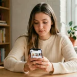 Jeune femme consultant anonymement des stories Instagram sur son smartphone depuis un bureau à domicile en 2026