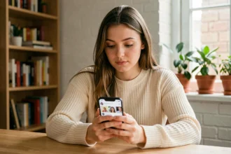 Jeune femme consultant anonymement des stories Instagram sur son smartphone depuis un bureau à domicile en 2026