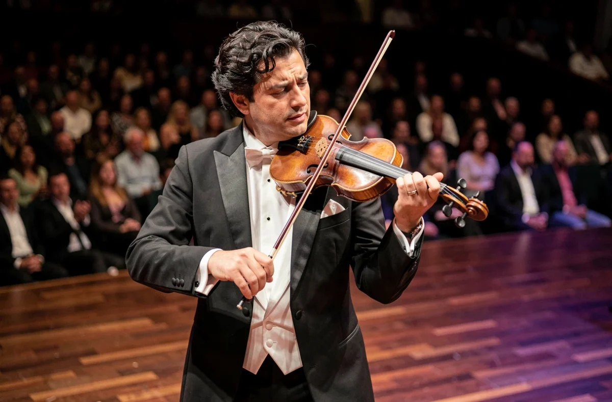 Violoniste en habit de concert jouant avec intensité sur scène devant un public nombreux