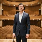 Violoniste professionnel en costume marine tenant son violon sur scène dans une grande salle de concert vide