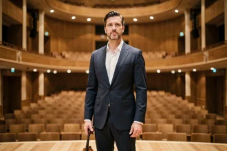 Violoniste professionnel en costume marine tenant son violon sur scène dans une grande salle de concert vide