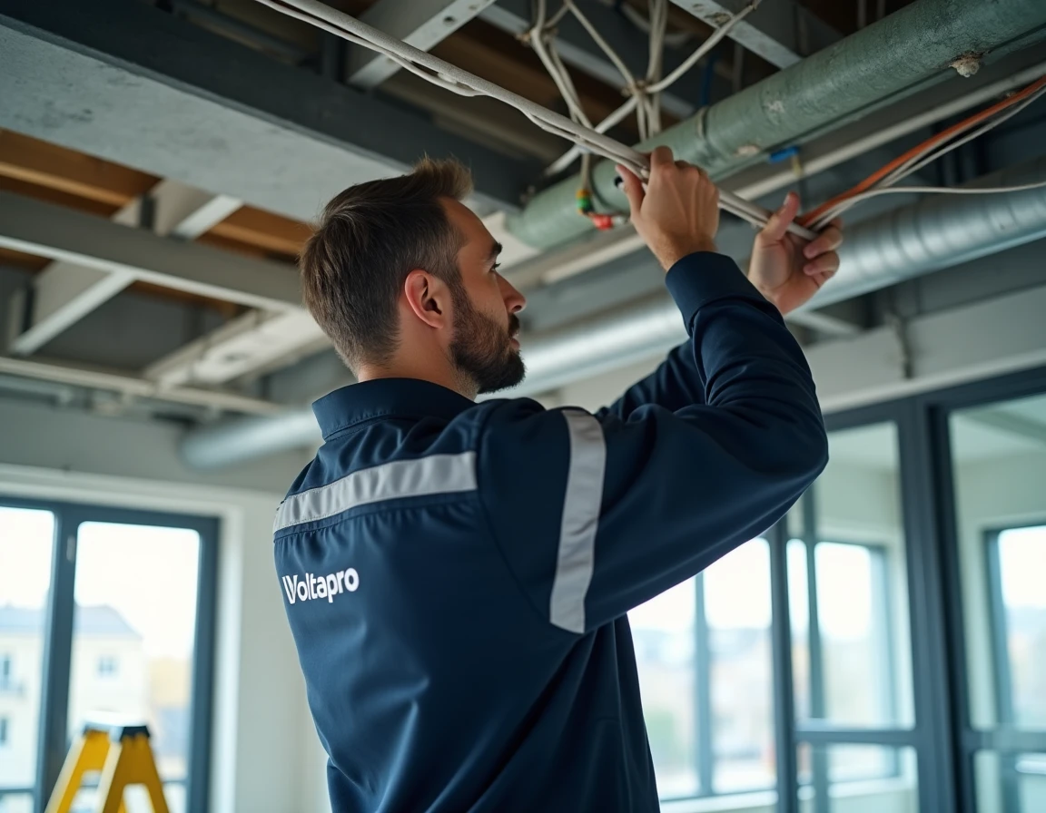 Électricien Voltapro tirant des câbles électriques dans un faux plafond lors d'une rénovation de bureau