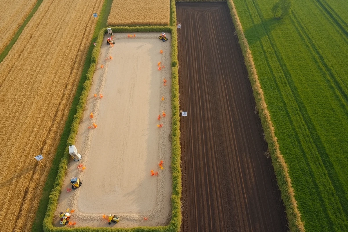 Vue aérienne d'un paysage rural montrant la comparaison entre terrain agricole, champ labouré et parcelle constructible délimitée