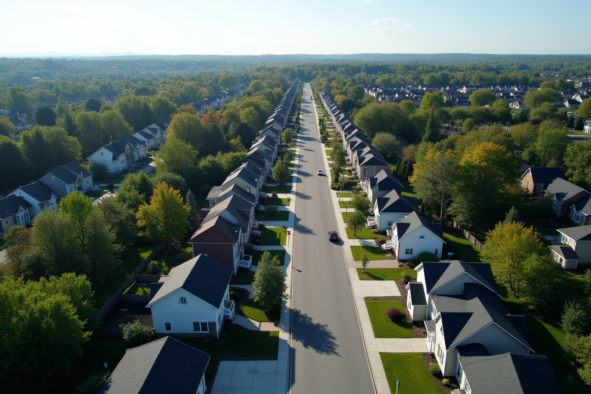 Vue aérienne d'un quartier suburbain au Quebec avec zones postales