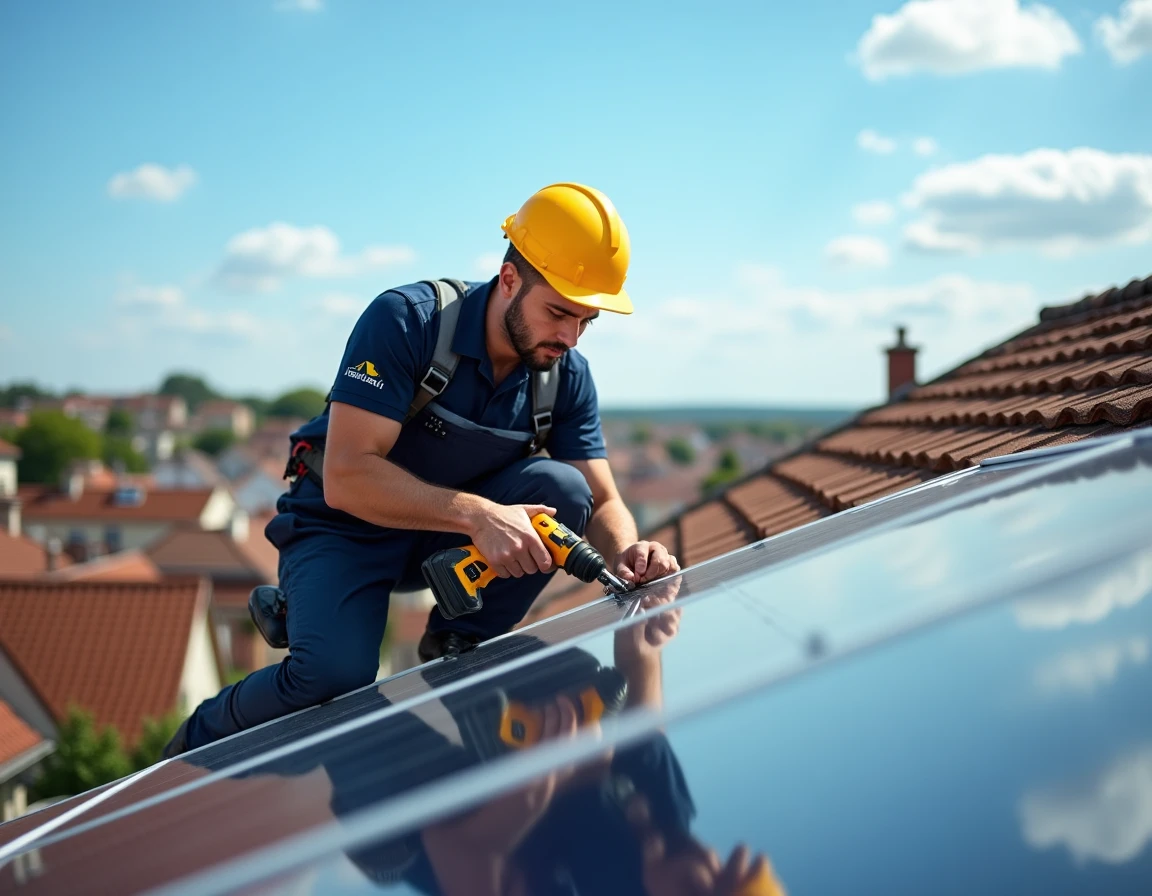 Électricien Yltech installant des panneaux solaires photovoltaïques sur un toit résidentiel à Belfort
