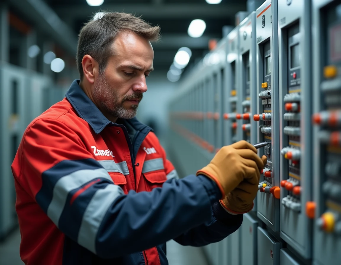 Électricien Zanelec effectuant la maintenance d'une armoire électrique industrielle en usine